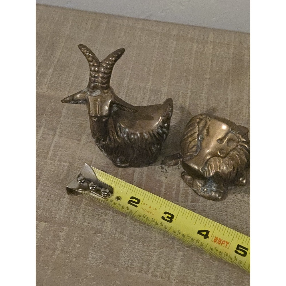 2 Vtg Brass Animals Lion & Ram Small MCM Taiwan Big Horn Sheep 3" Tall Patina - Picture 15 of 15